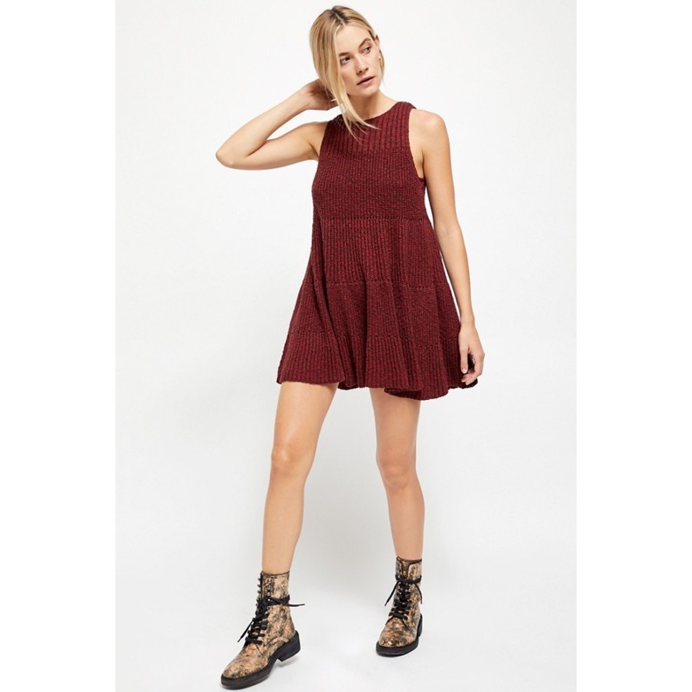 Free People Waterfall Sweater Dress Burgundy Knit Sleeveless XS Boho‎ Tunic